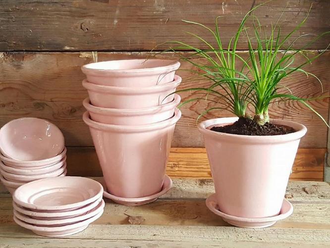 Pink flowerpots and plates in a close up.