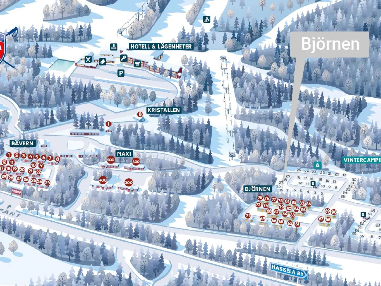 Illustration - skiss över campingområde, stugby Hassela Ski Resort