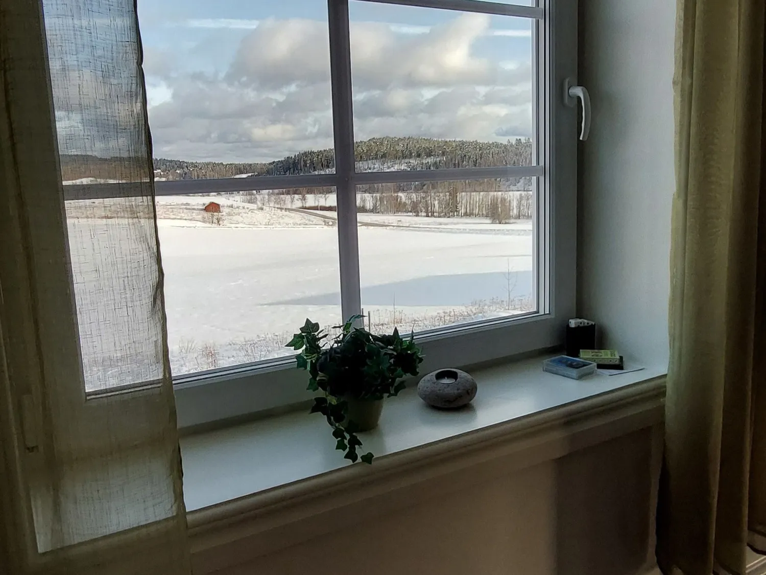 Utsikt från fönster över åkern