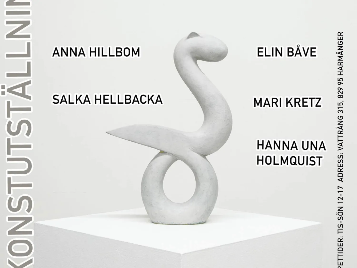 Poster i färg, grå bakgrund med svart text och bild av skulptur i mitten. text: vattrångs konsthall i samarbete med konstföreningen Åkern. If greeen and blue makes you think of chance. Konst av Anna Hillbom, Elin Båve, Mari Kretz, Hanna Una Holmqvist, Salka Hellbacka. 1 juli till 3 augusti 2025 tisdag-söndag kl 12-17.00.
