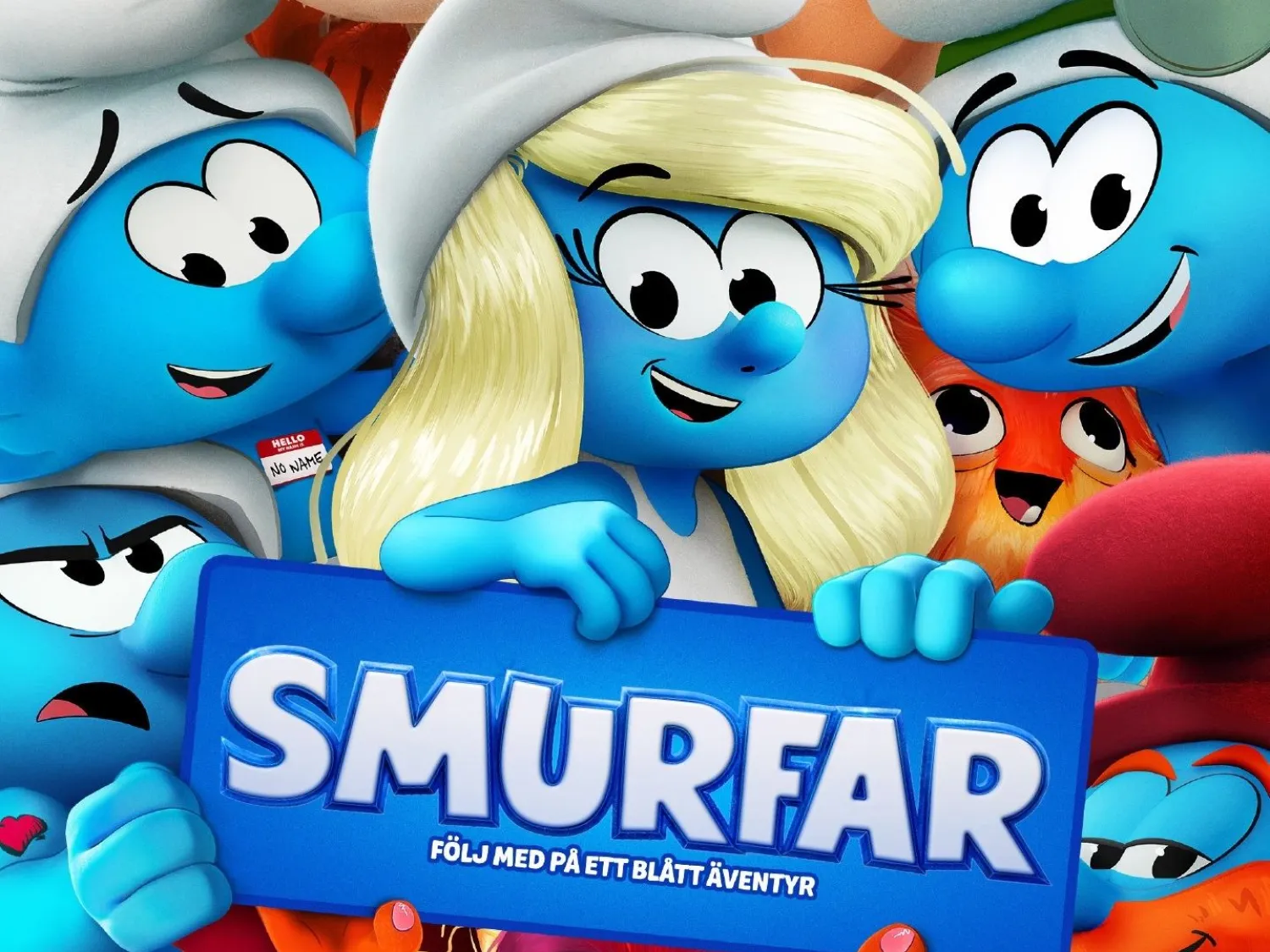 Animerad färgbild - på blå smurffigurer och en skylt mitt i bilden med text: Smurfar