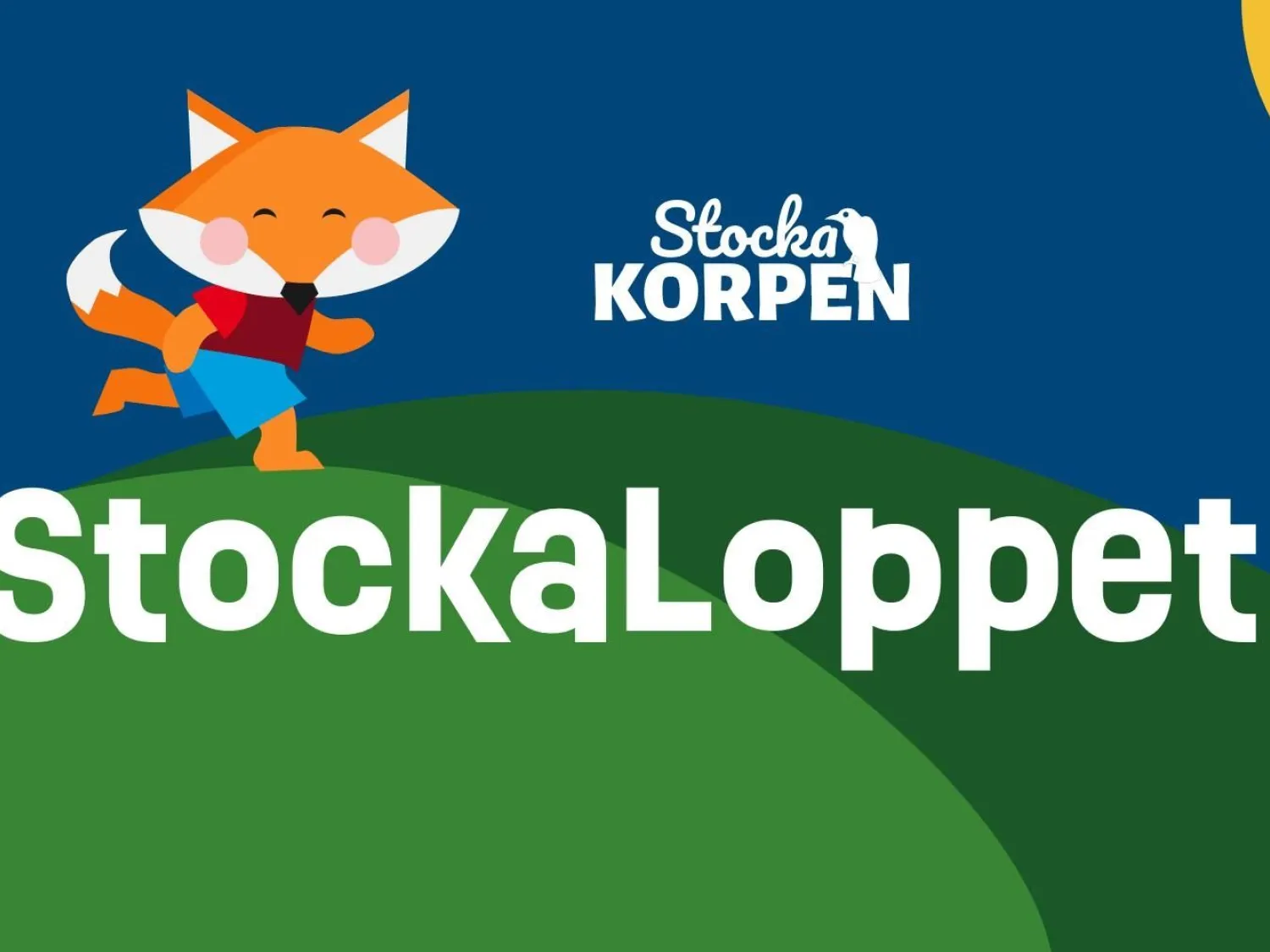 Färgillustration - En illustrerad räv som springer över landskapet. Vit text på bilden: Stockakorpen och stockaloppet.