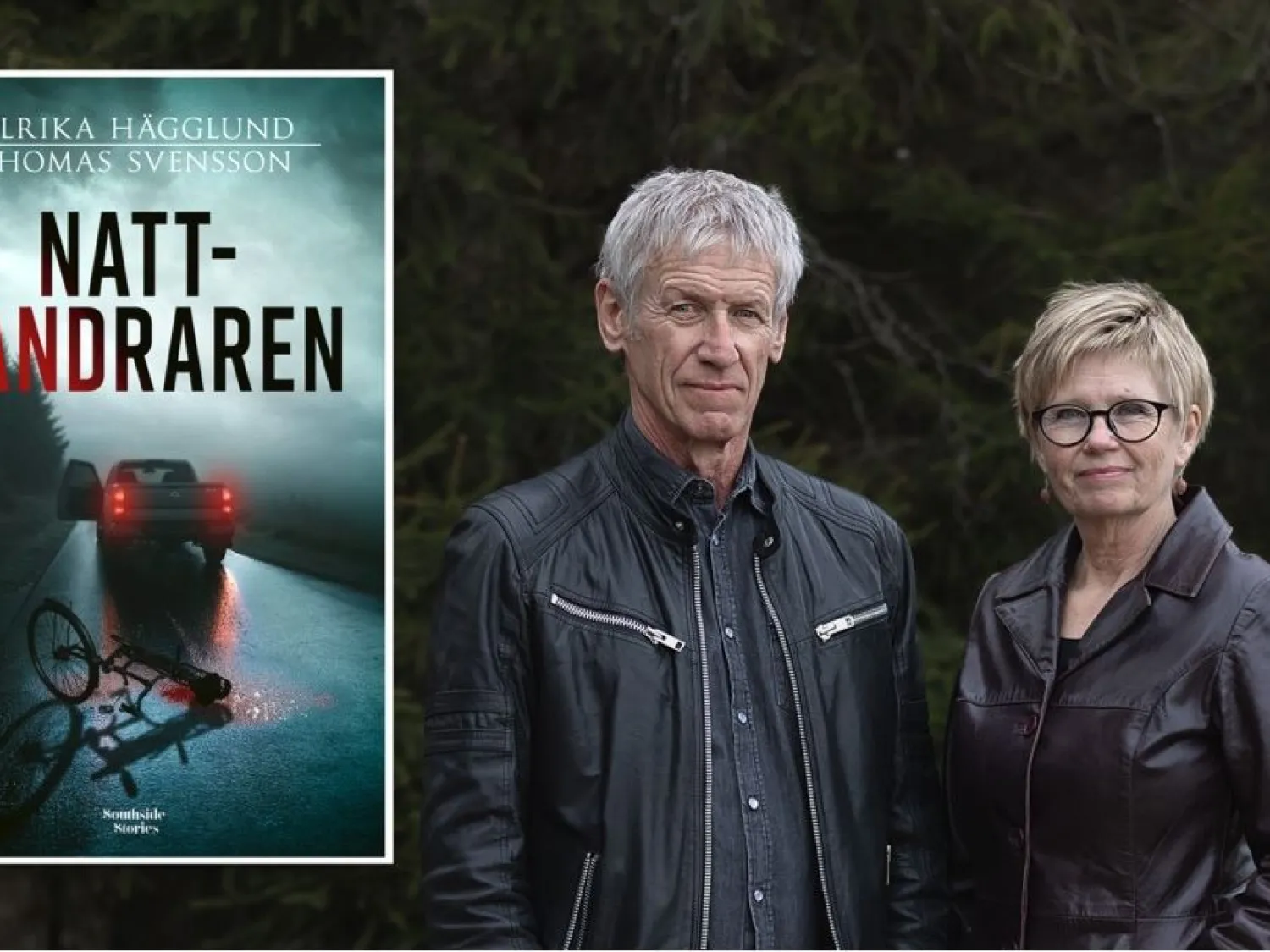 Färgbild - porträtt på en man och kvinna utomhus. Monterad bild på bok ovanpå bilden med text Nattvandraren.