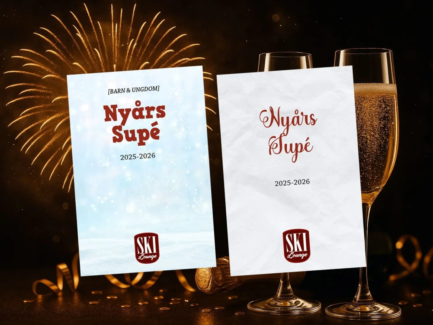 Färgbild - mörk bakgrund, med fyrverkier som lyser upp och champagneglas i bakgrunden. Två menyer i förgrunden, text nyårssupe.