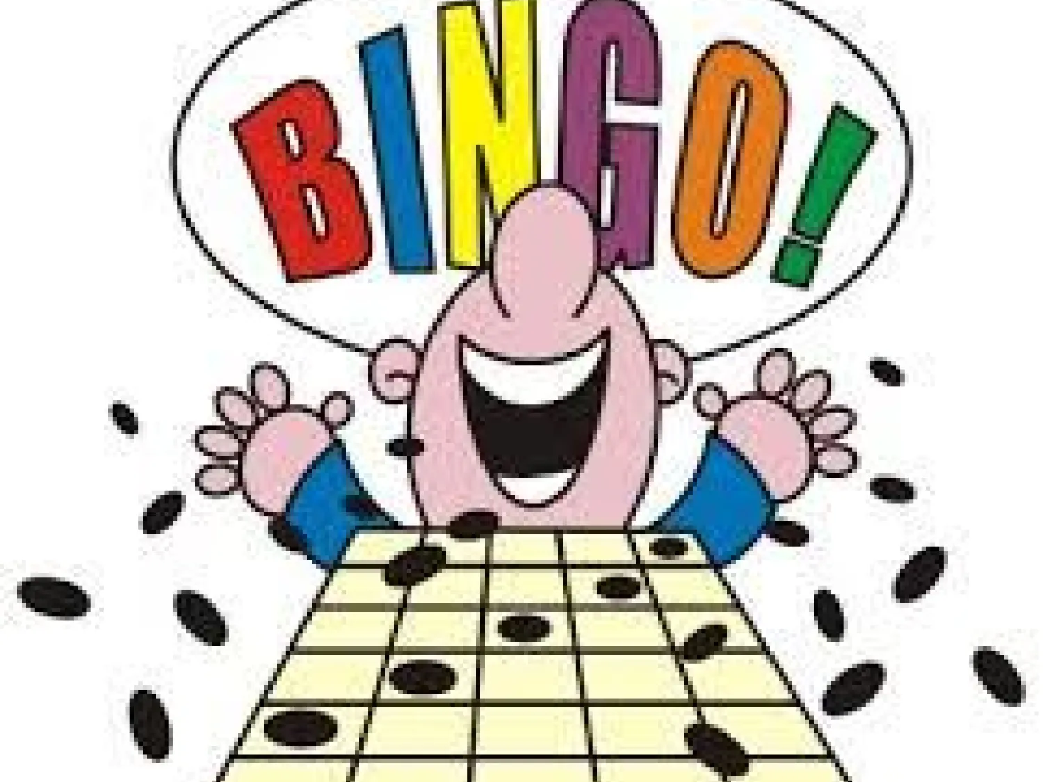 Färgillustration - person bakom bingobricka. Text Bingo, i olika färger på bokstäverna.
