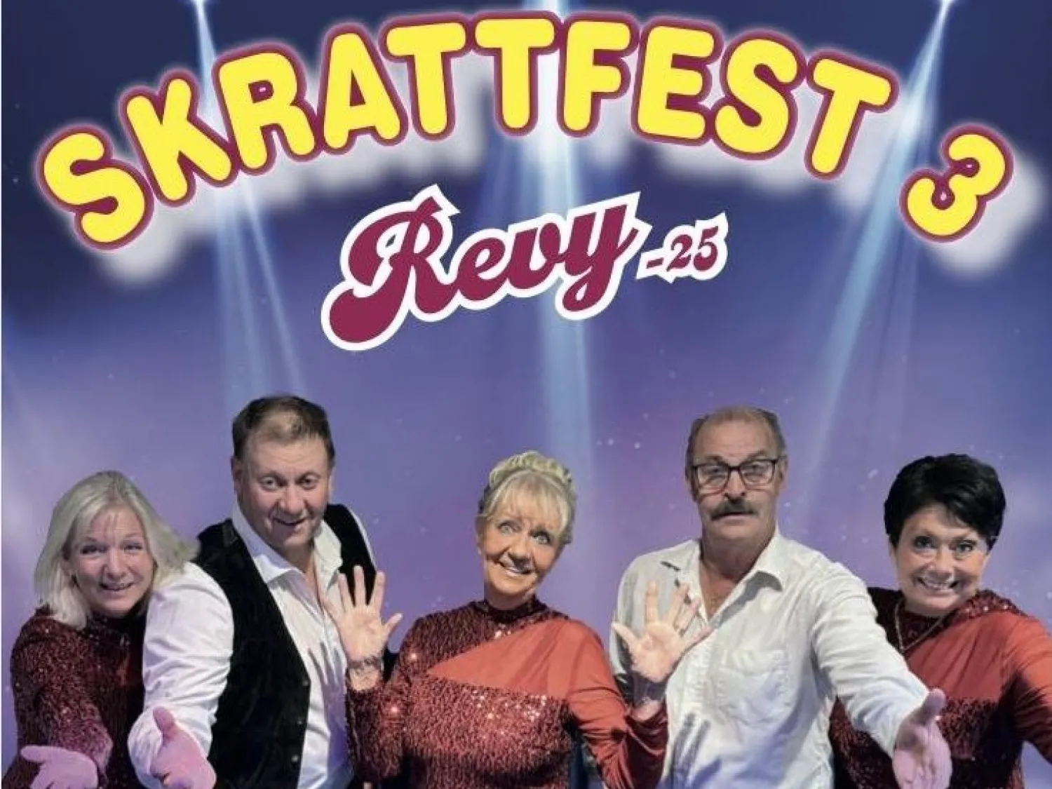 Färgbild - porträtt av tre kvinnor och två män. Text på bild: Skrattfest 3, revy 2025.