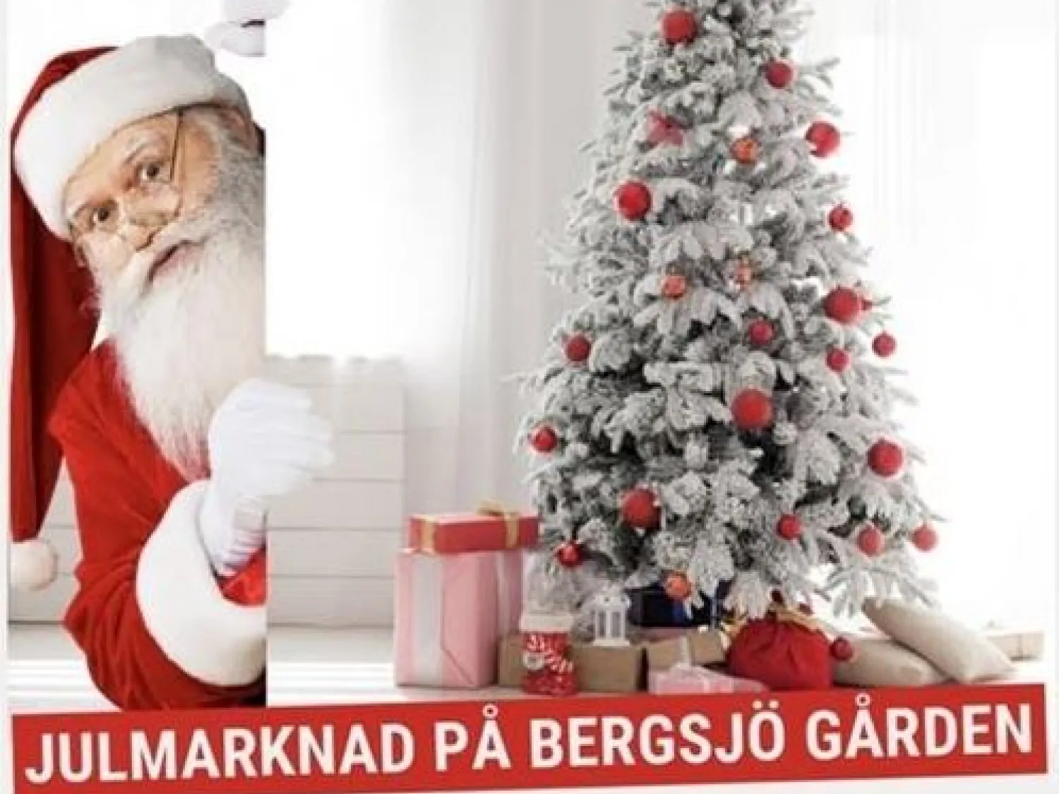 Färgbild - en tomte som kikar fram bakom en juldekorerad gran med paket runtom.
