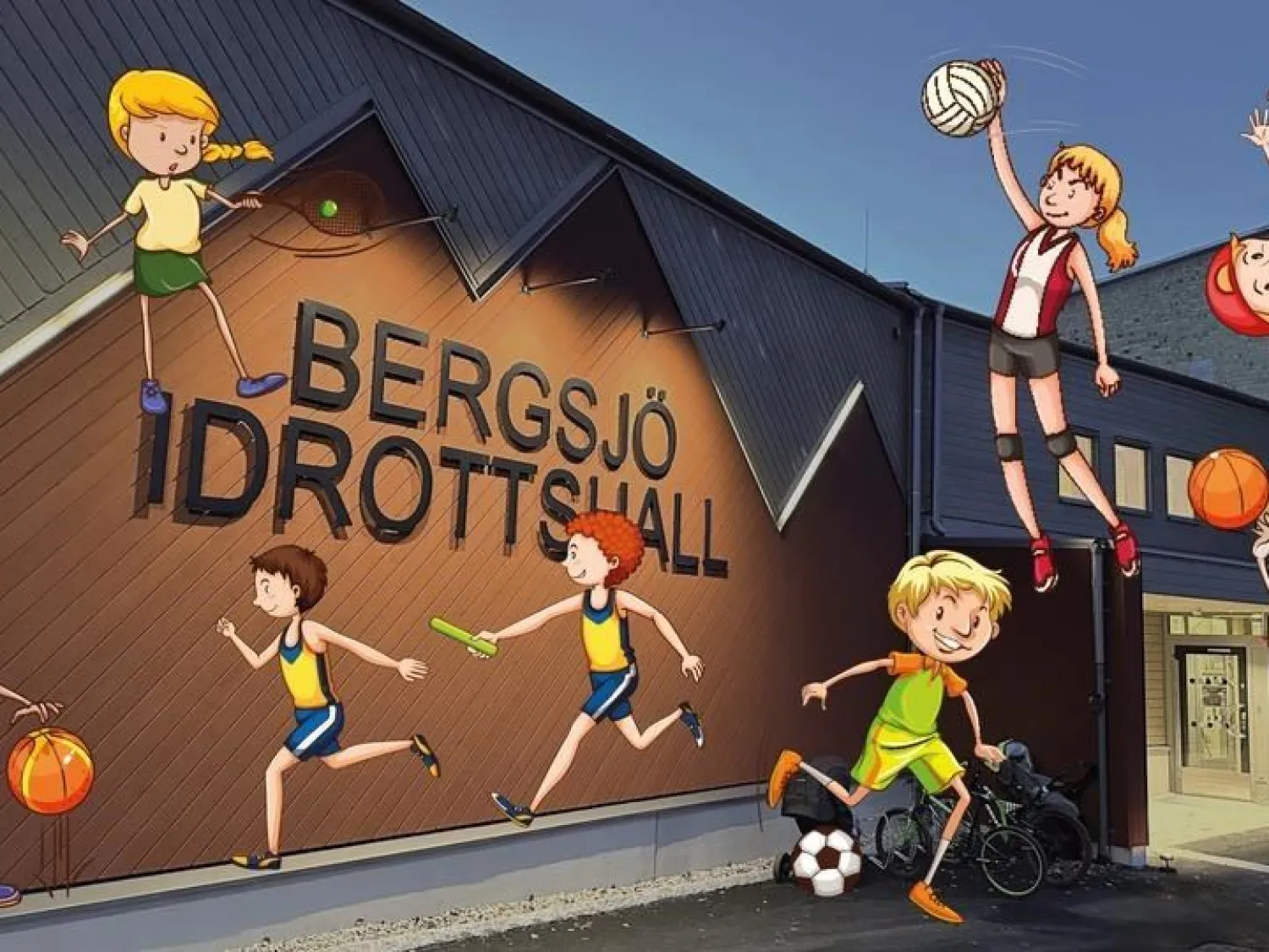 Färgbild - collage av illustrerade personer som idrottar med idrottshall som bakgrund.