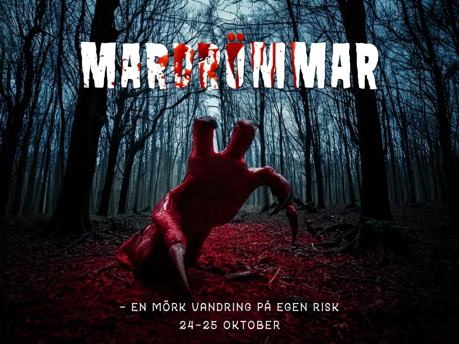 Colour illustration - a dark forest with a scary object in center. Text: Nightmares on October 24-25, 2025.