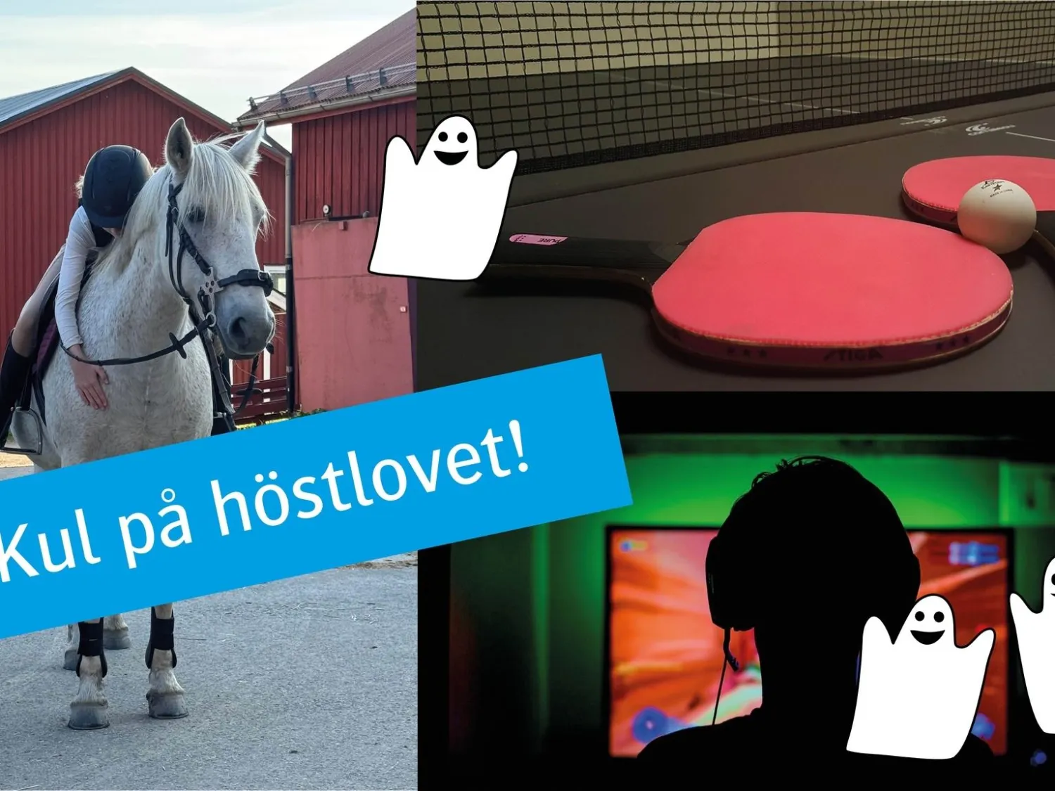 Färgbild - collage av flera bilder. Ryttare till häst, närbild på pingisbord, siluett av person framför datorskärm. Text ovanpå bild: Kul på höstlovet!