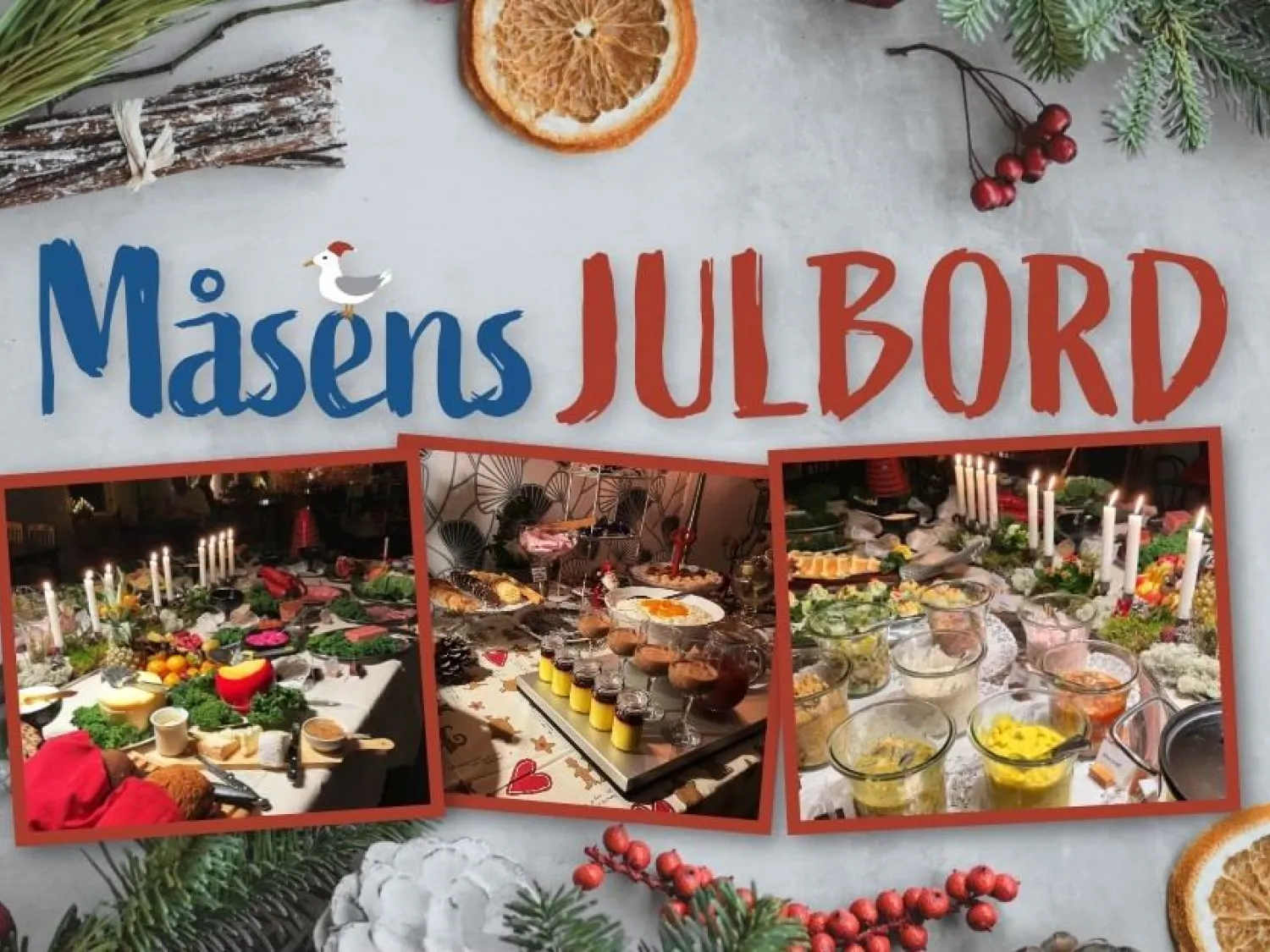Café & Restaurang Måsen Fägbild - collage av text: Måsens Julbord och bilder på julmat