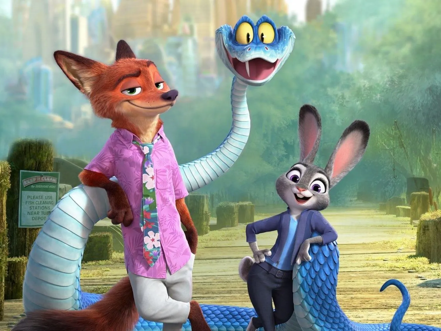 Zootropolis 2 Färganimation - tre animerade karaktärer i utomhusmiljö, omgivna av träd och natur.
