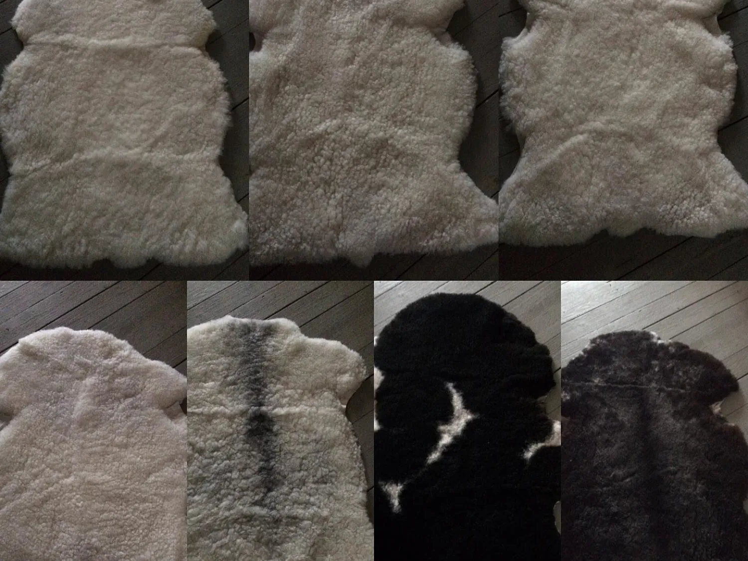 Färgbild - collage v små bilder på fårskinn i olika nyanser av vitt, svart och grått