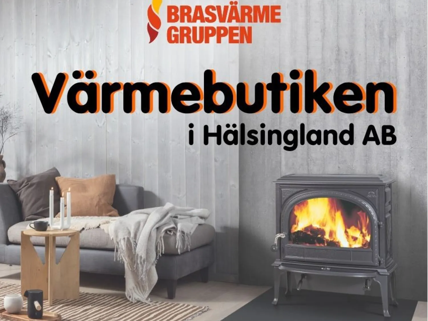 Färgbild - interiörbild på kamin med text ovanpå bilden.