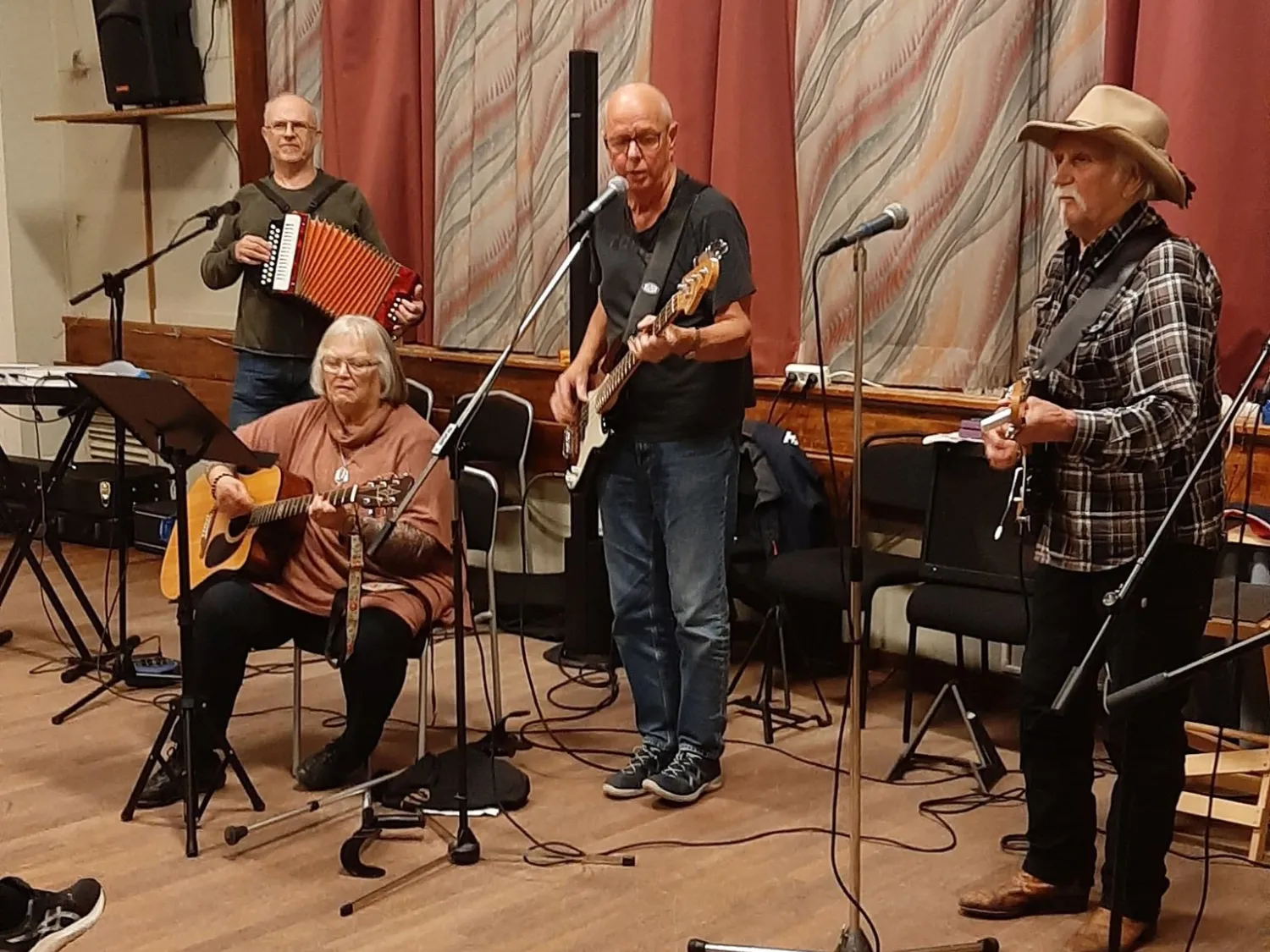 Färgbild med en grupp musikanter på scen