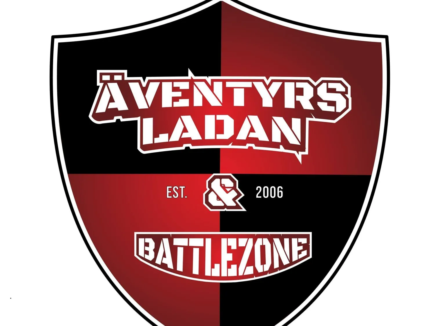 Logotype svart och röd med vit text