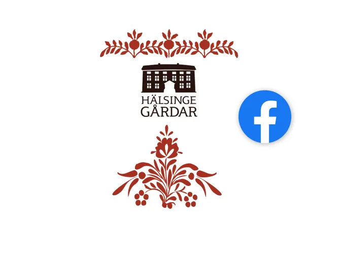 Länkad bild till Facebook-sida i nytt fönster. Färgbild - vit bakgrund, med logotype för Hälsingegårdar och Facebook. Röda illustrationer av Delsbosöm