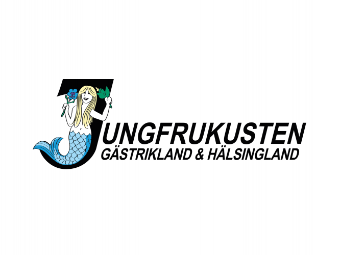 Logotype Jungfrukusten - sjöjungfru med landskapsblommor i händerna