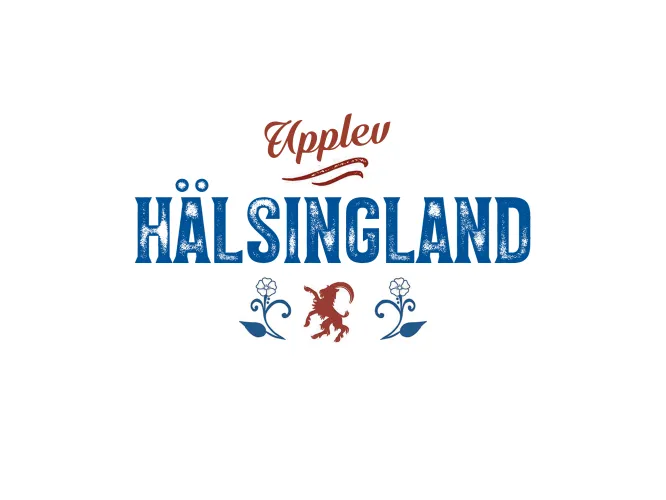 Färgillustration - blå text Hälsingland, röd hälsingebock, blå linblommor