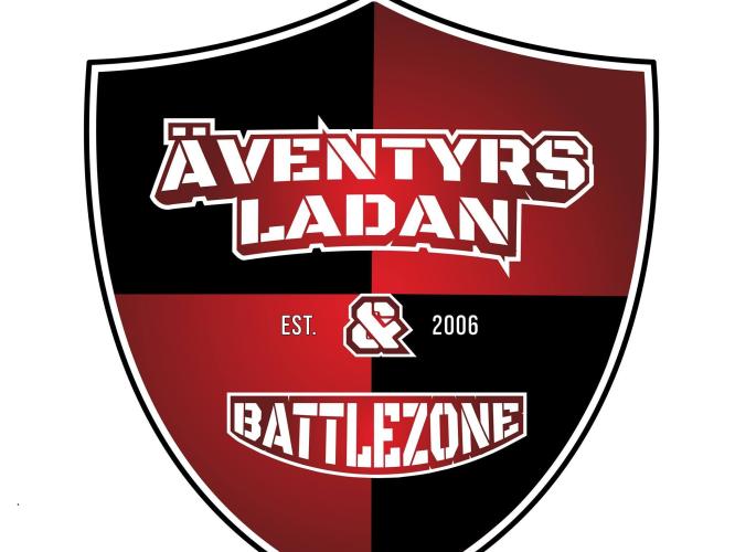 Colour picture - logotype in black/red with white text Adventure barn - Battlezone