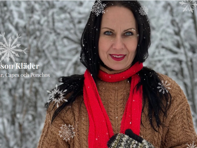 Färgbild - utomhusbild i vinterlandskap. Porträtt på kvinna med vit text lagd på bilden.
