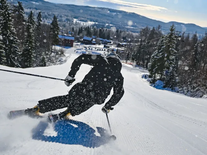 Färgbild - skidåkare i förgrunden in action, med skidbacke och vinterlandskap i bakgrunden