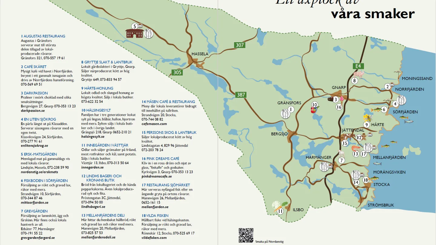 Färgillustration - karta över Nordanstigs lokalproducenter; lokalodlat etc.