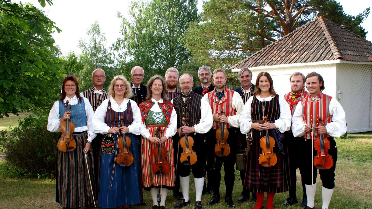 Gruppbild på Nordanstigs spelemän och kvinnor utomhus i grönska.
